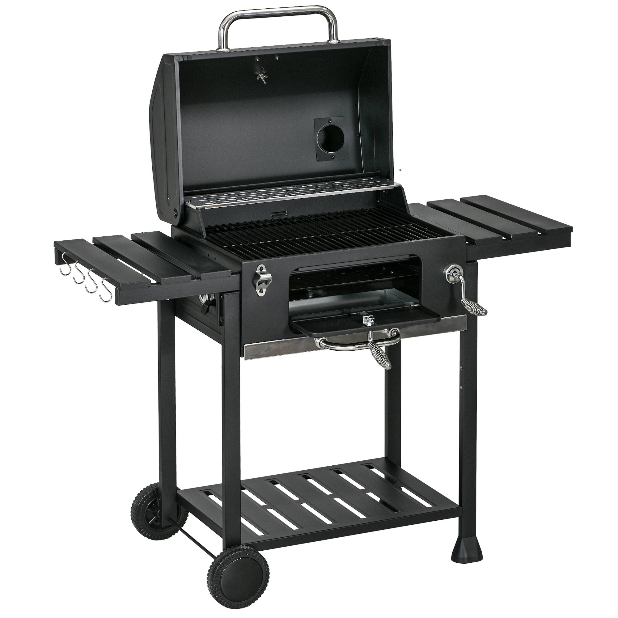 Barbecue charbon fumoir, thermomètre, ouvre-bouteille,120x64x114 cm, noir - Image 2