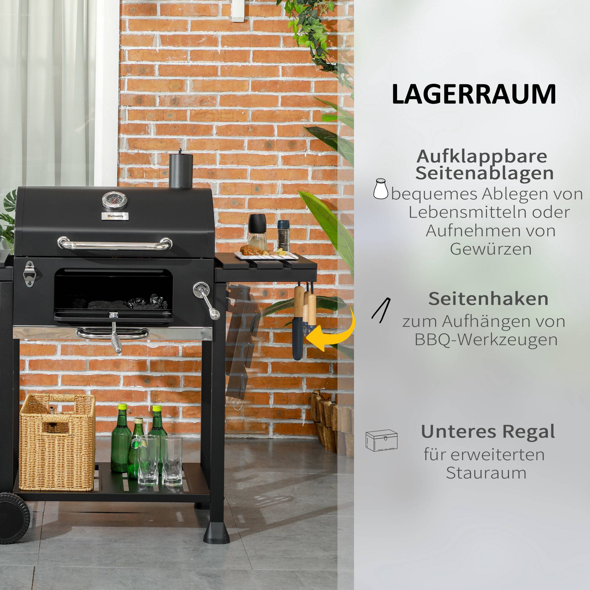 Barbecue charbon fumoir, thermomètre, ouvre-bouteille,120x64x114 cm, noir - Image 9