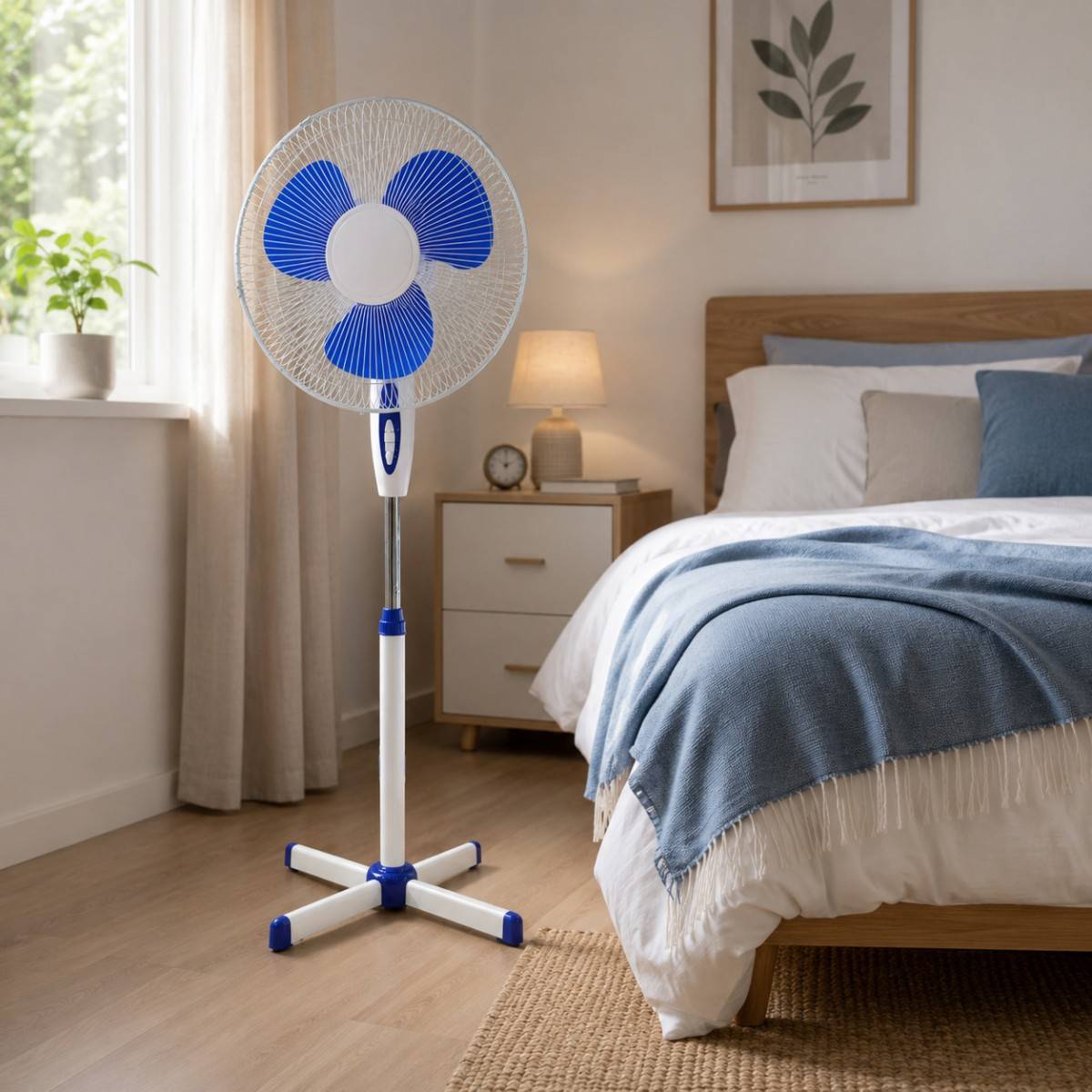 Ventilateur sur pied portable 45W 40Cm Hauteur réglable 1.30m Brasseur d'air Blanc Bleu 3 vitesses Oscillation Horizontale INTEC - Image 5