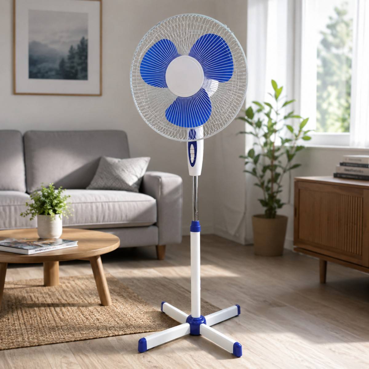 Ventilateur sur pied portable 45W 40Cm Hauteur réglable 1.30m Brasseur d'air Blanc Bleu 3 vitesses Oscillation Horizontale INTEC - Image 4
