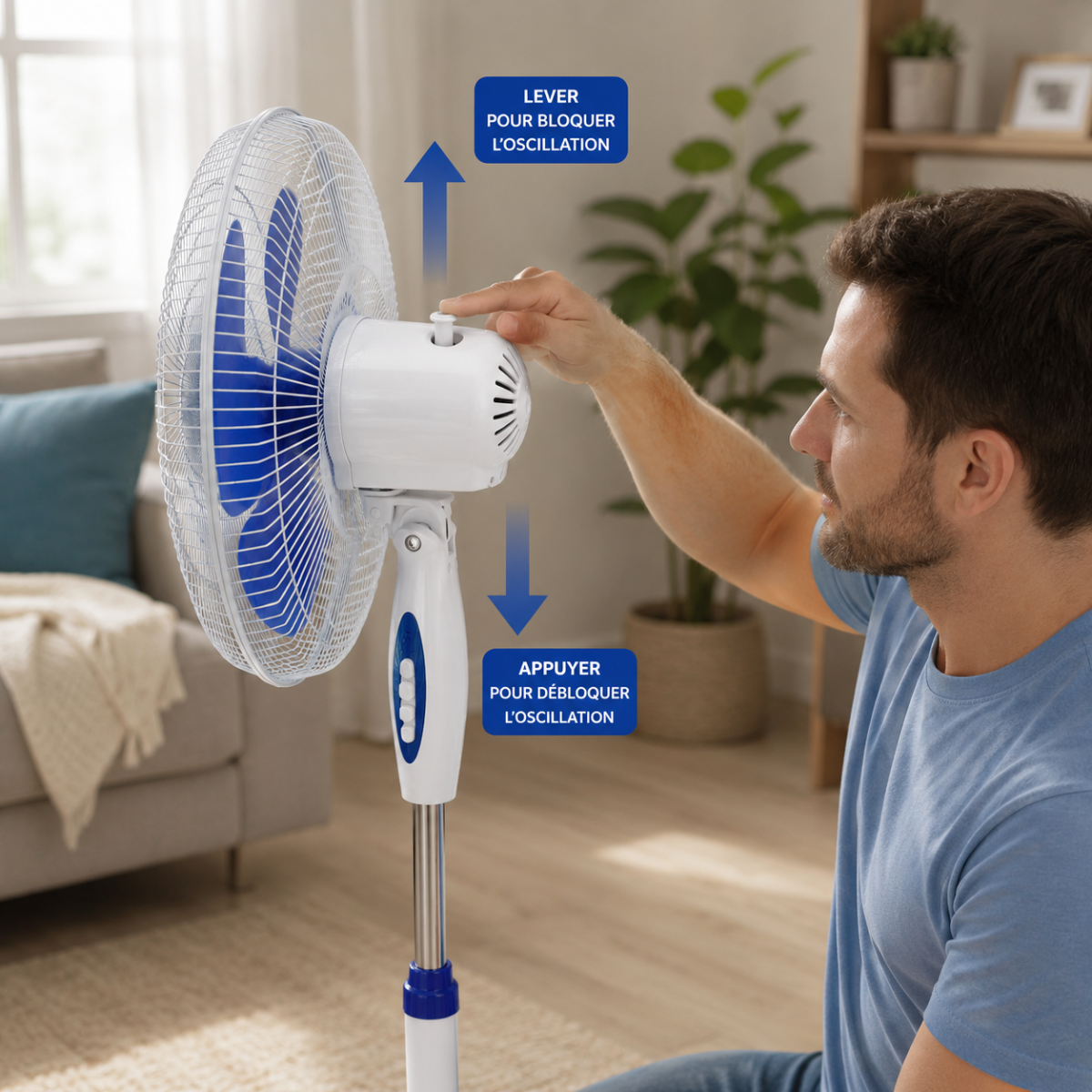 Ventilateur sur pied portable 45W 40Cm Hauteur réglable 1.30m Brasseur d'air Blanc Bleu 3 vitesses Oscillation Horizontale INTEC - Image 2