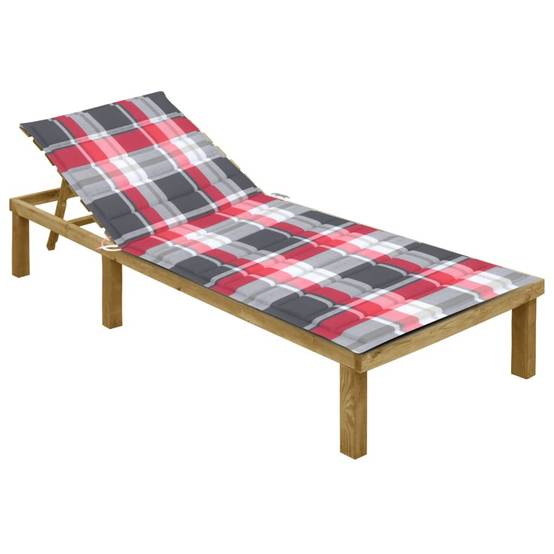 Chaise longue | Transat | Bain de soleil avec coussin carreaux rouge Bois de pin imprégné - Image 2