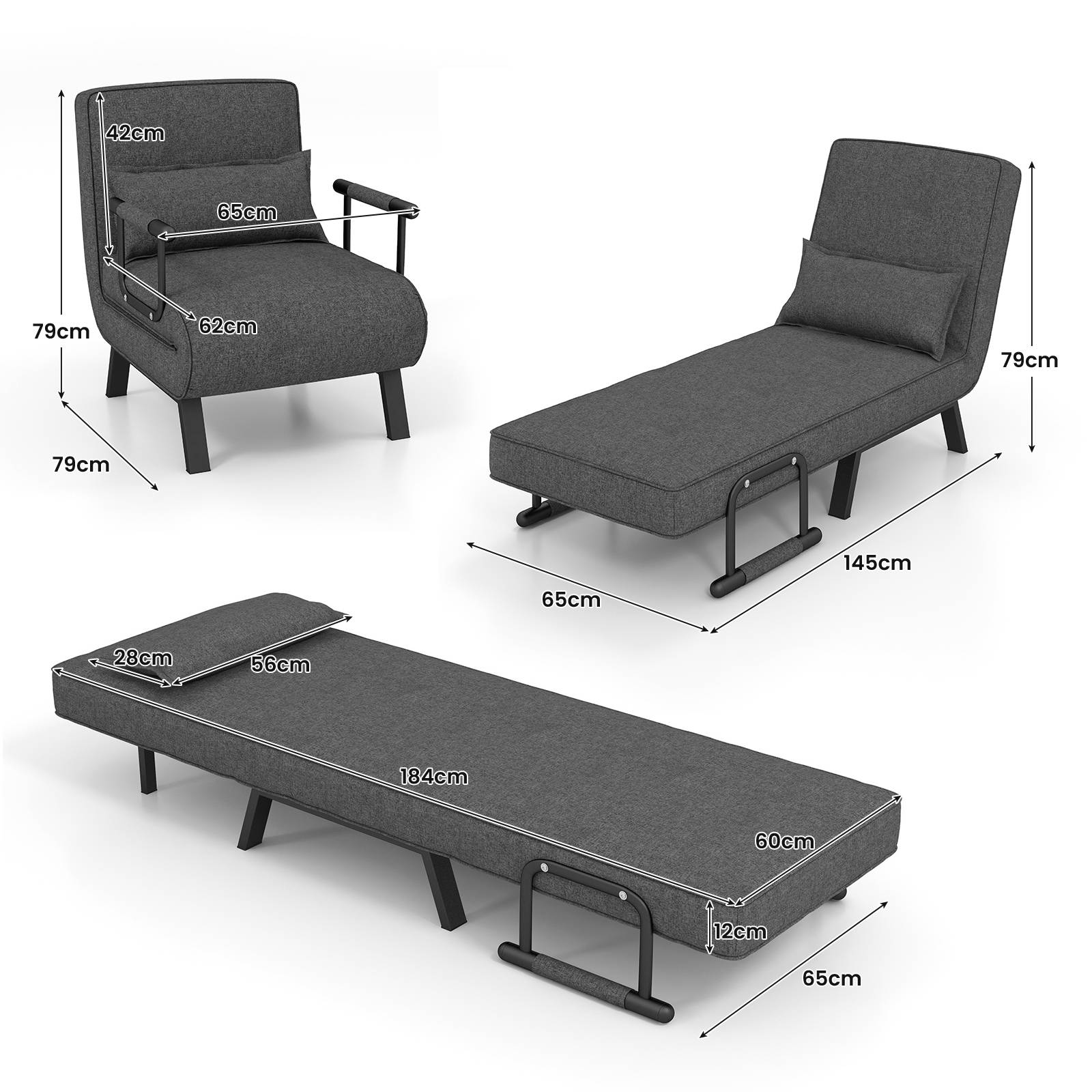 HOMCOM Fauteuil Chauffeuse Convertible Canapé-Lit 1 Place Dossier Réglable sur 5 Positions Coussin Accoudoirs Pieds Inclinés Métal Noir