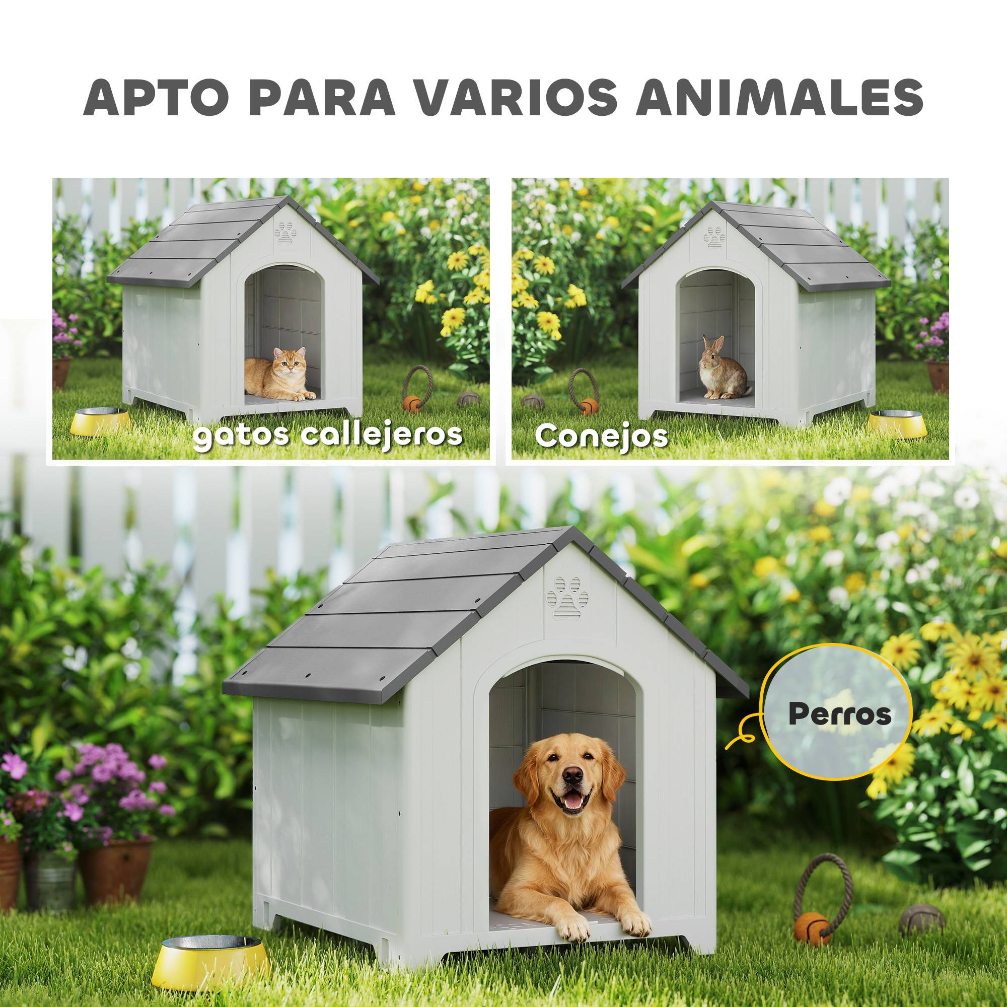 Niche extérieure pour grand chien plastique, 2 fenêtres, base surélevée, piquets, gris - Image 10