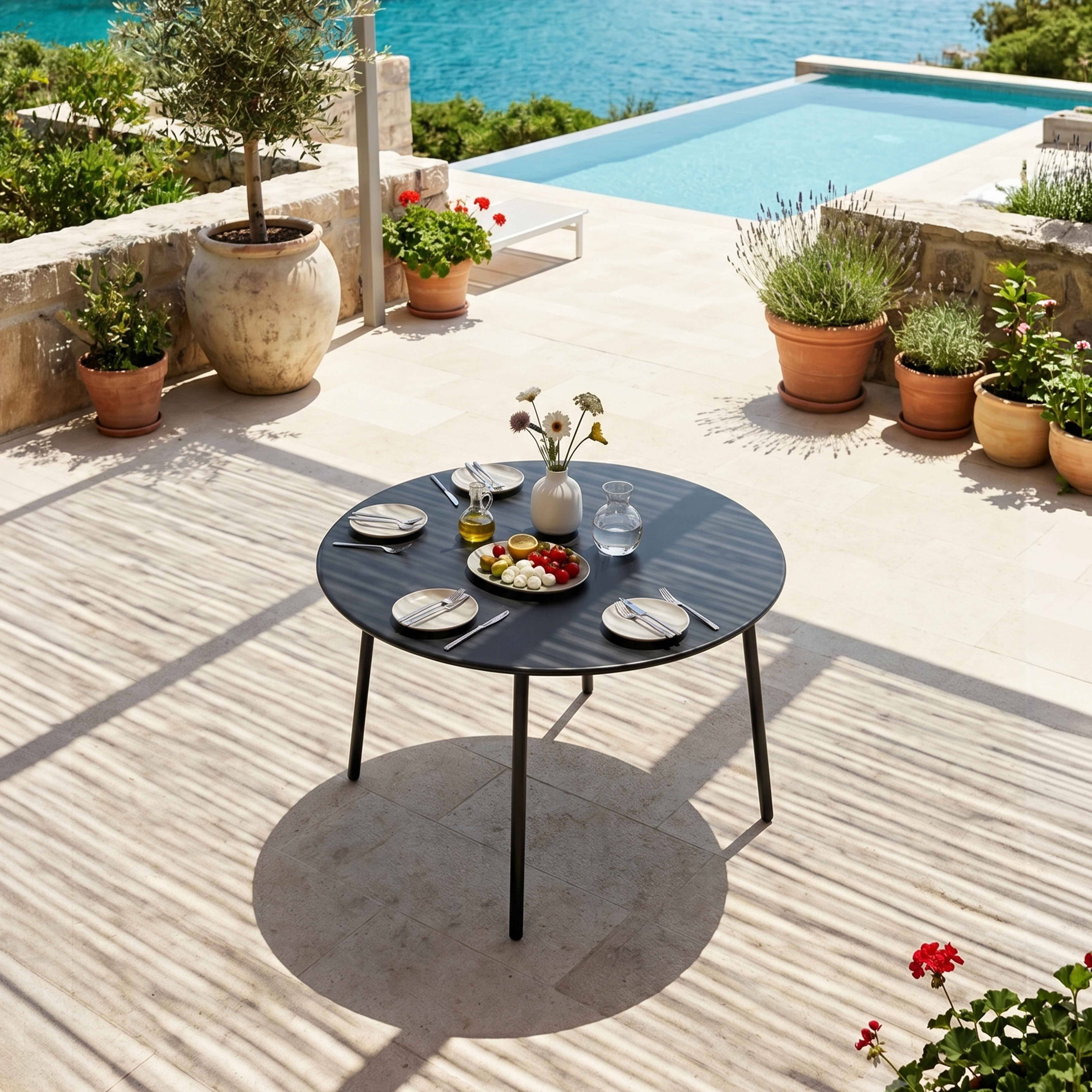 Oviala - Ensemble table de jardin ronde et 6 fauteuils acier gris Palavas - Oviala - Imagen 3