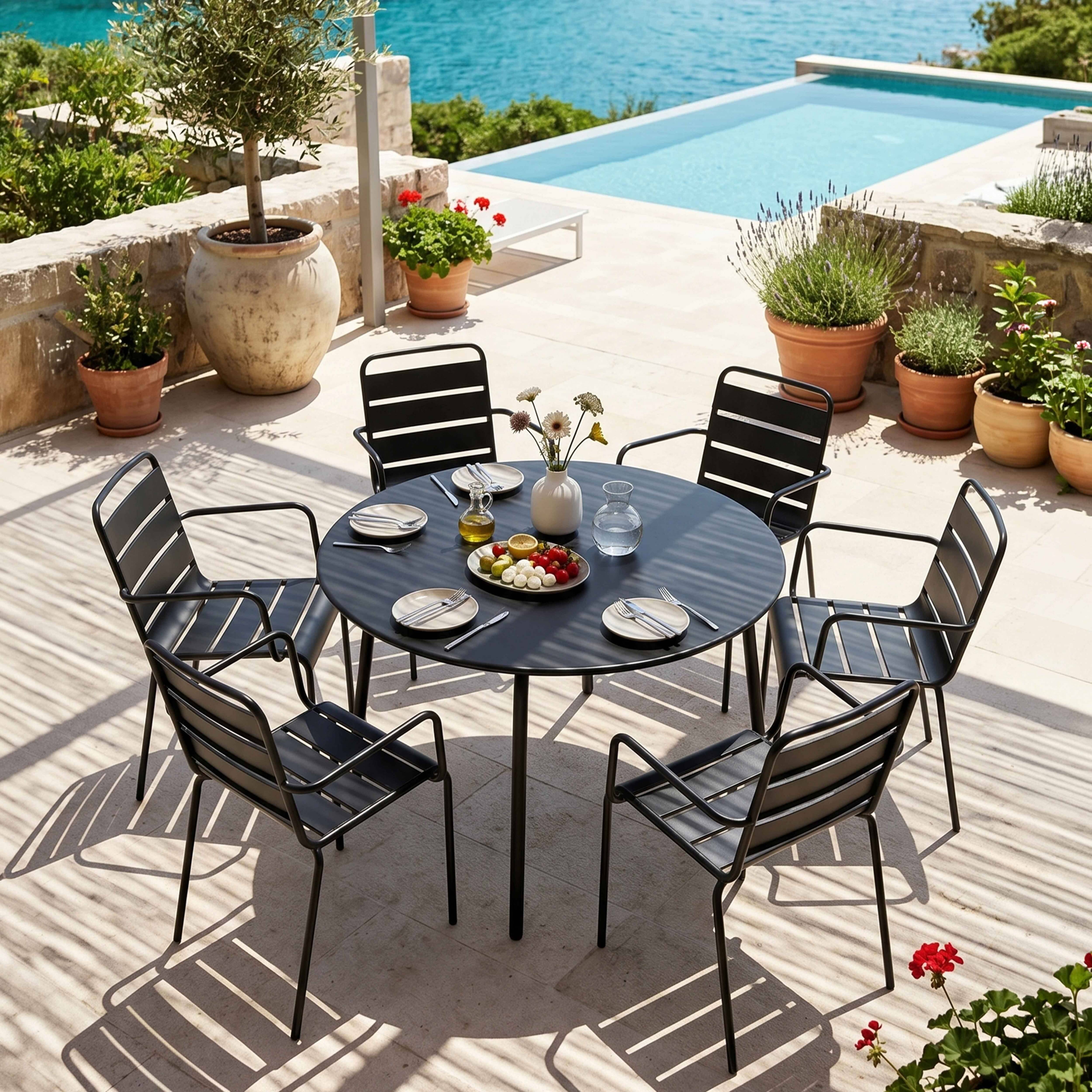 Oviala - Ensemble table de jardin ronde et 6 fauteuils acier gris Palavas - Oviala - Imagen 2