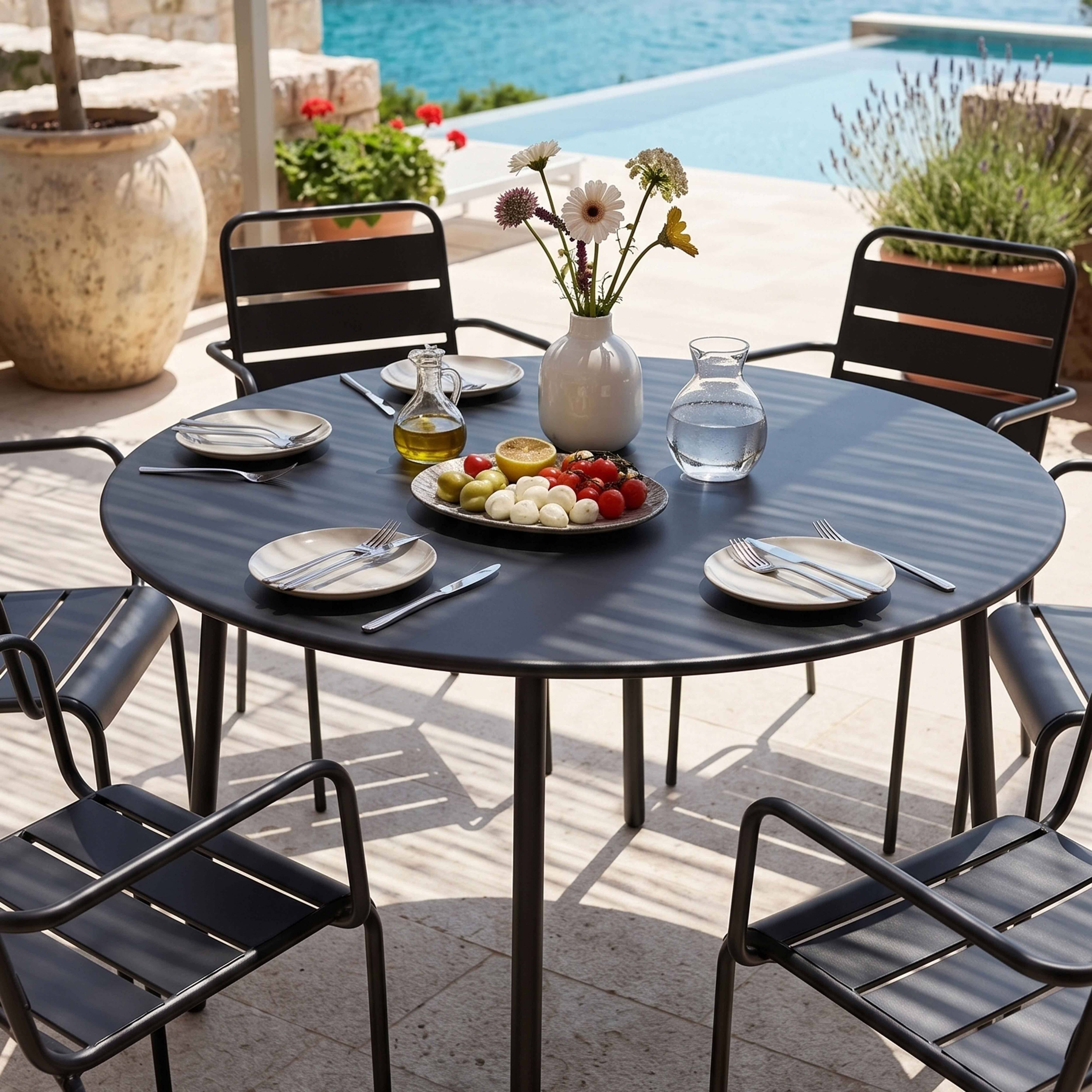 Oviala - Ensemble table de jardin ronde et 6 fauteuils acier gris Palavas - Oviala - Imagen 4