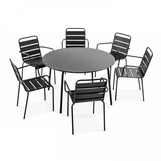 Oviala - Ensemble table de jardin ronde et 6 fauteuils acier gris Palavas - Oviala - Imagen 1