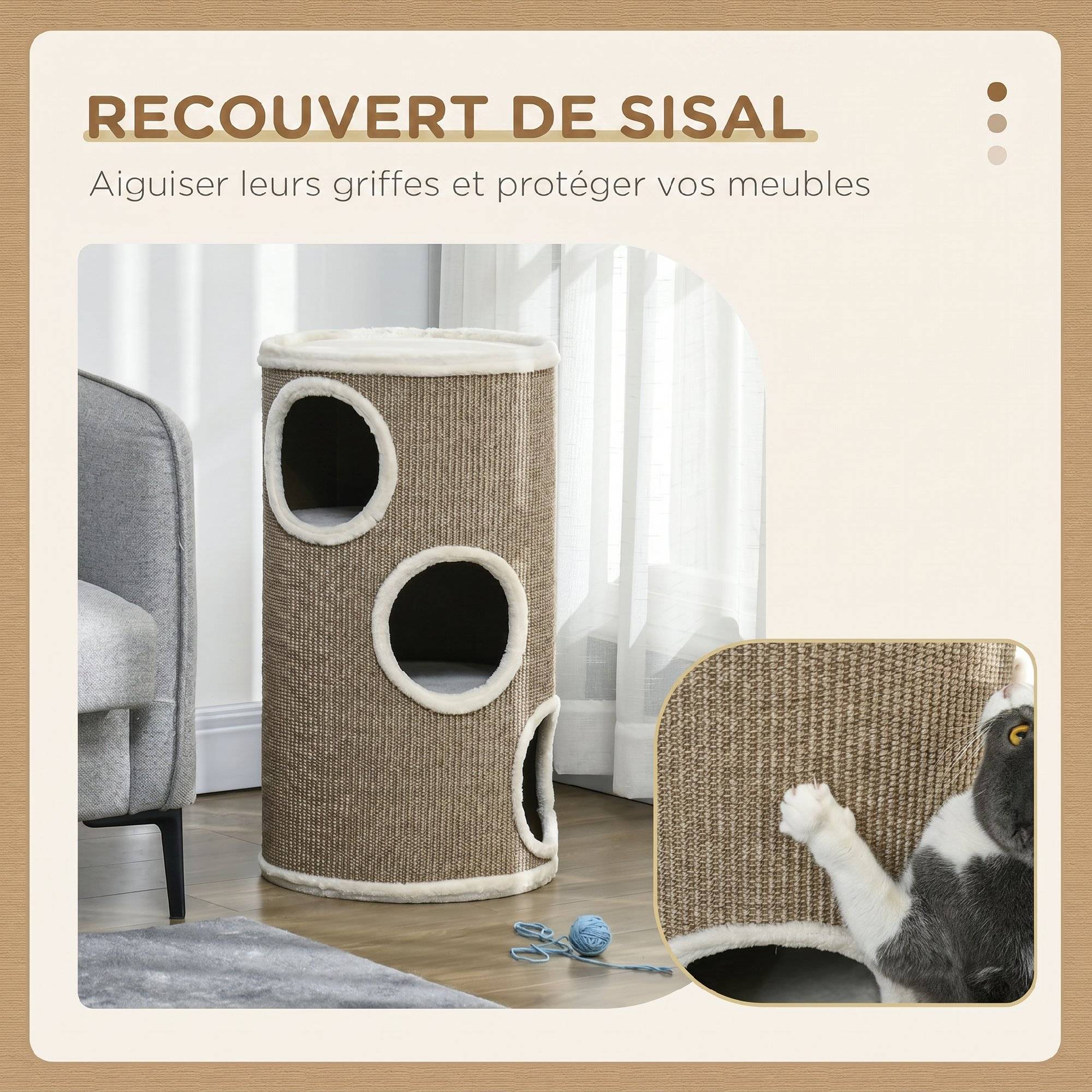 ComfortXL - Tonneau griffoir pour chat en panneaux de particules et sisal Ø 38 x 70 cm marron avec 3 niveaux de repos - Image 6