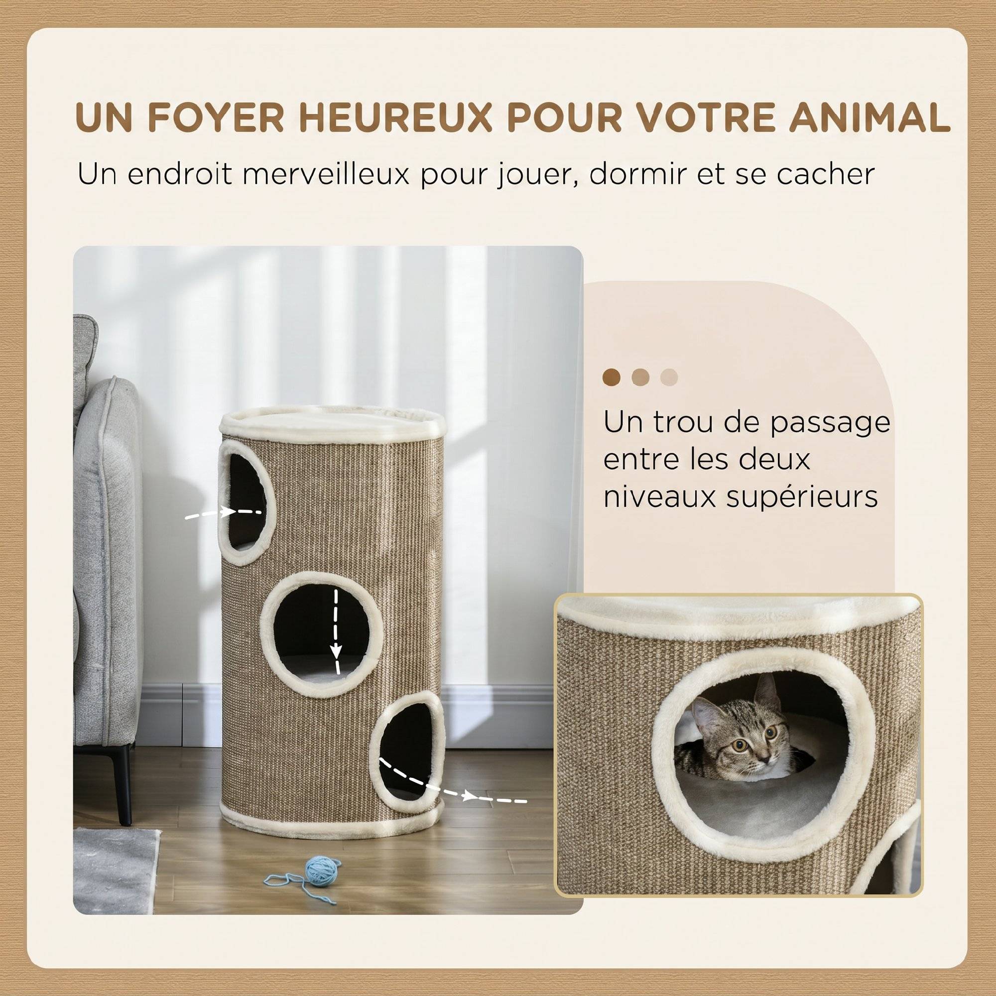 ComfortXL - Tonneau griffoir pour chat en panneaux de particules et sisal Ø 38 x 70 cm marron avec 3 niveaux de repos - Image 4