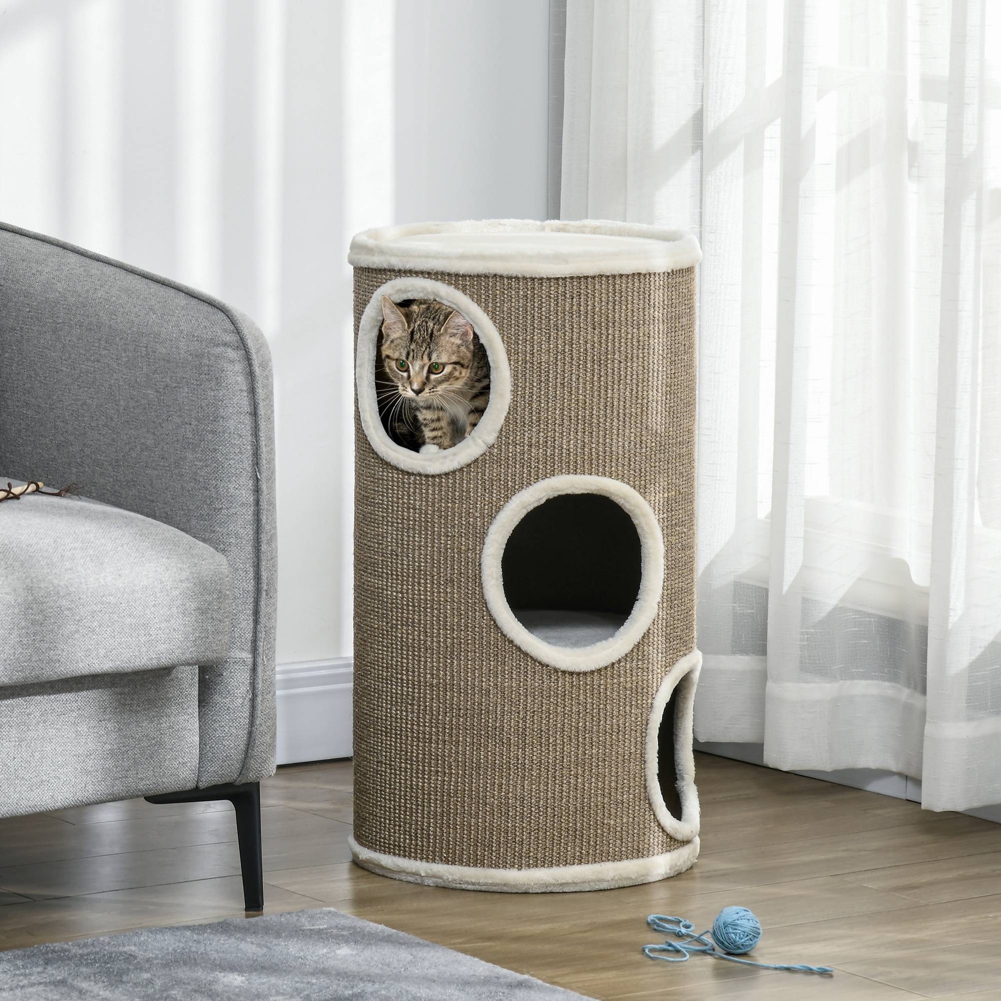 ComfortXL - Tonneau griffoir pour chat en panneaux de particules et sisal Ø 38 x 70 cm marron avec 3 niveaux de repos - Image 1