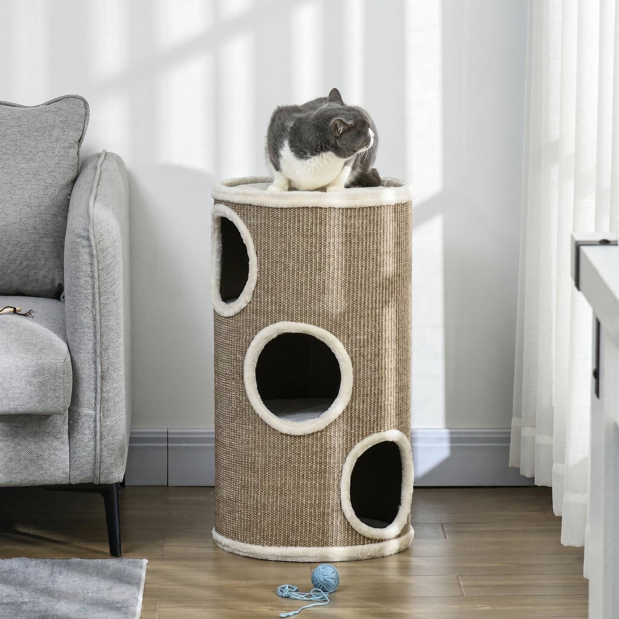 ComfortXL - Tonneau griffoir pour chat en panneaux de particules et sisal Ø 38 x 70 cm marron avec 3 niveaux de repos - Image 7