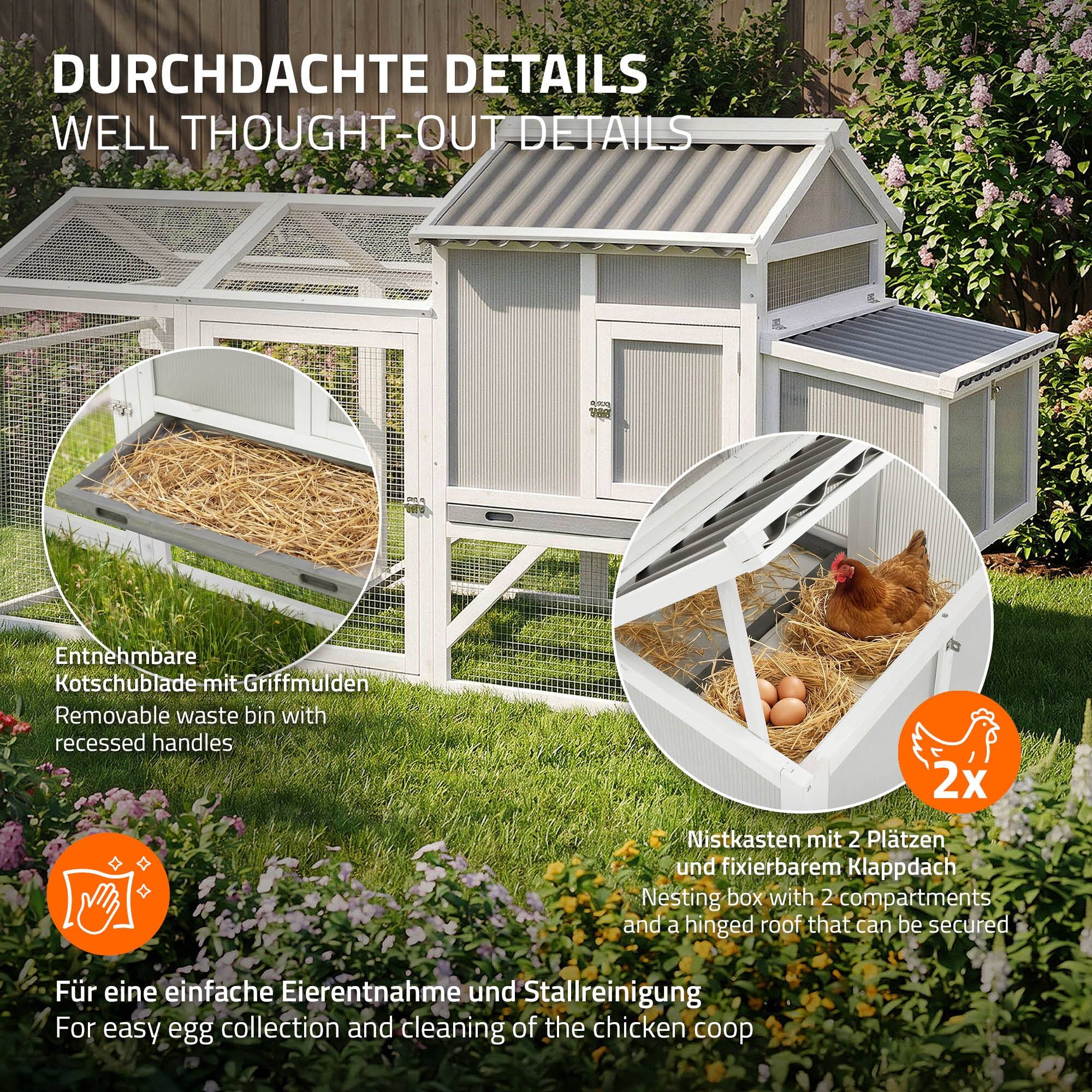 Ecd-Germany - Poulailler mobile en bois avec enclos 220 cm, cage à poules sur roues avec nichoir et tiroir à déjections amovible, toit rabattable, volière 2 animaux - Image 5