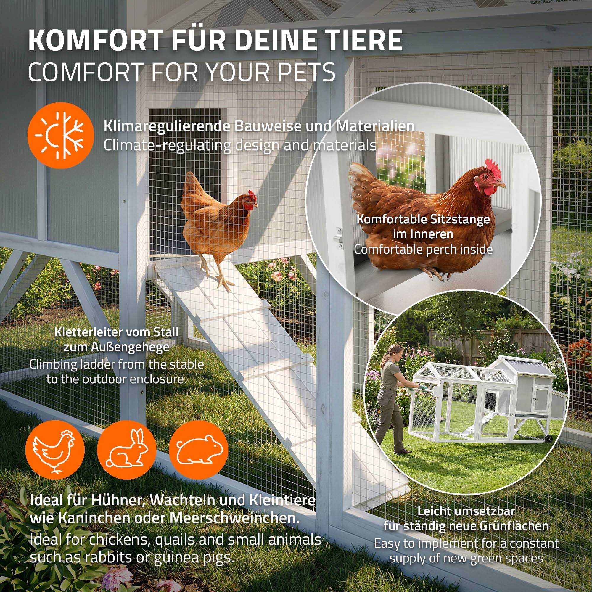 Ecd-Germany - Poulailler mobile en bois avec enclos 220 cm, cage à poules sur roues avec nichoir et tiroir à déjections amovible, toit rabattable, volière 2 animaux - Image 6