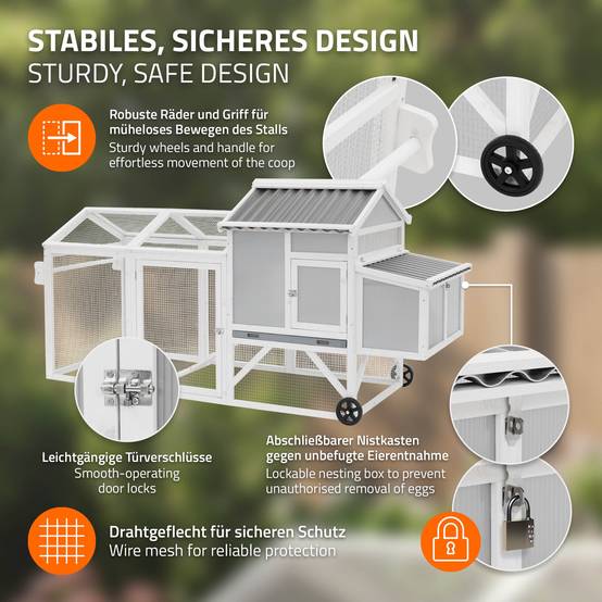 Ecd-Germany - Poulailler mobile en bois avec enclos 220 cm, cage à poules sur roues avec nichoir et tiroir à déjections amovible, toit rabattable, volière 2 animaux - Image 3