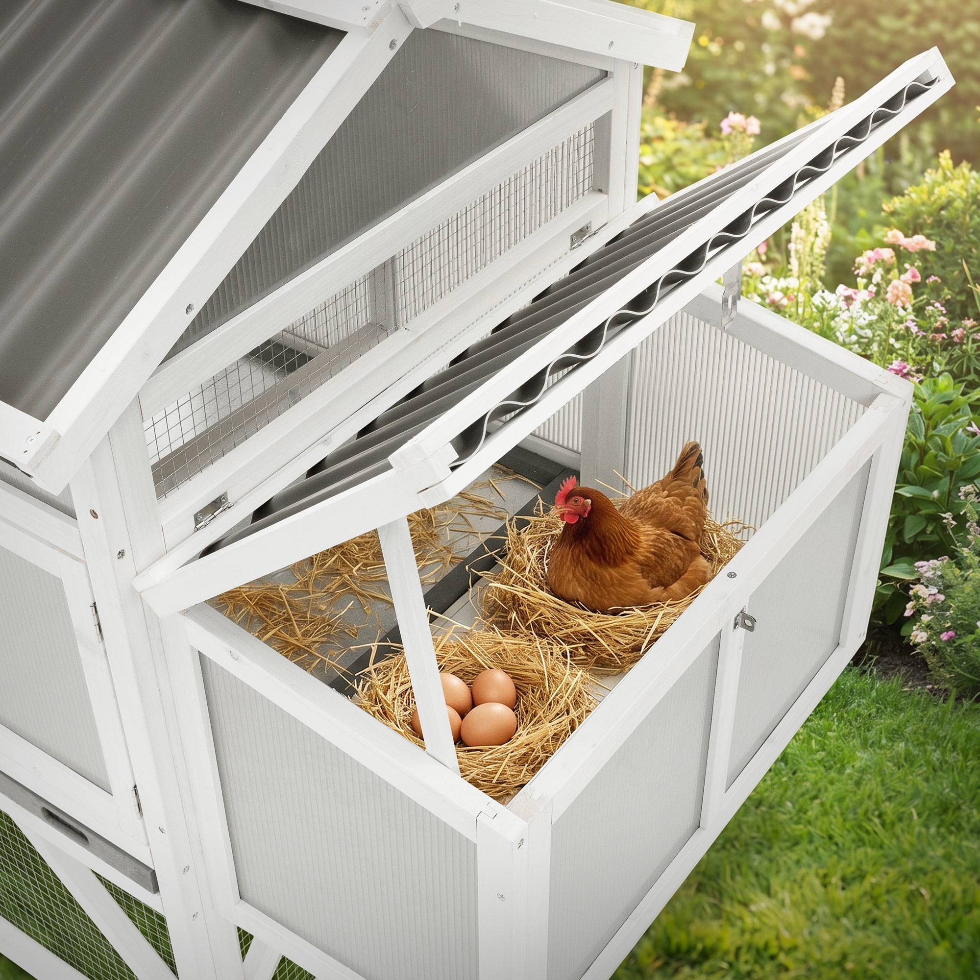 Ecd-Germany - Poulailler mobile en bois avec enclos 220 cm, cage à poules sur roues avec nichoir et tiroir à déjections amovible, toit rabattable, volière 2 animaux - Image 10