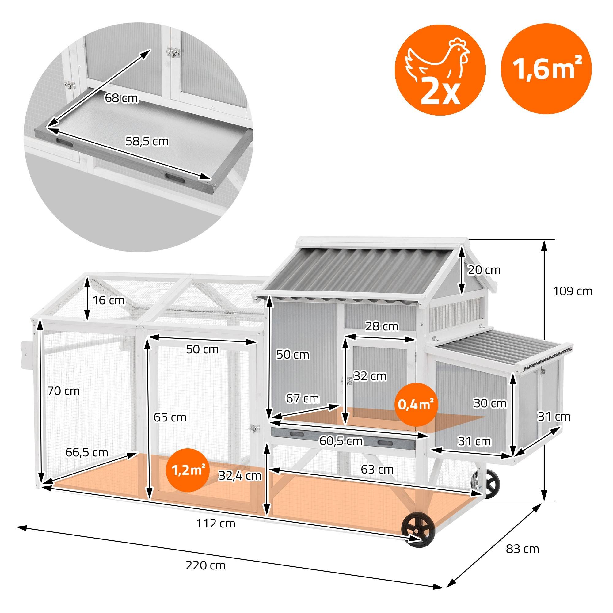 Ecd-Germany - Poulailler mobile en bois avec enclos 220 cm, cage à poules sur roues avec nichoir et tiroir à déjections amovible, toit rabattable, volière 2 animaux - Image 8