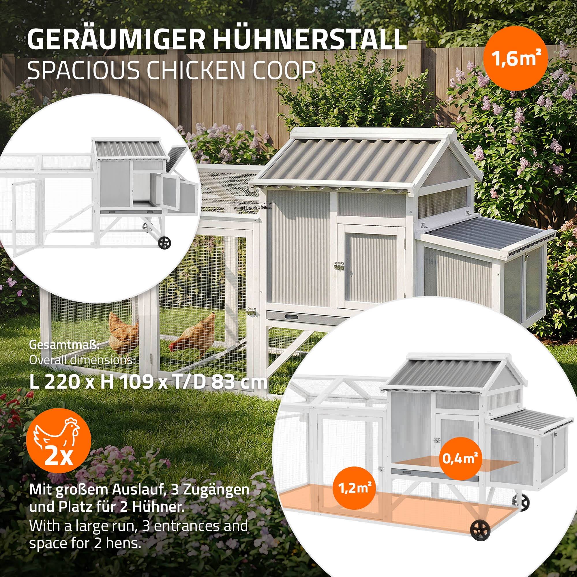 Ecd-Germany - Poulailler mobile en bois avec enclos 220 cm, cage à poules sur roues avec nichoir et tiroir à déjections amovible, toit rabattable, volière 2 animaux - Image 4