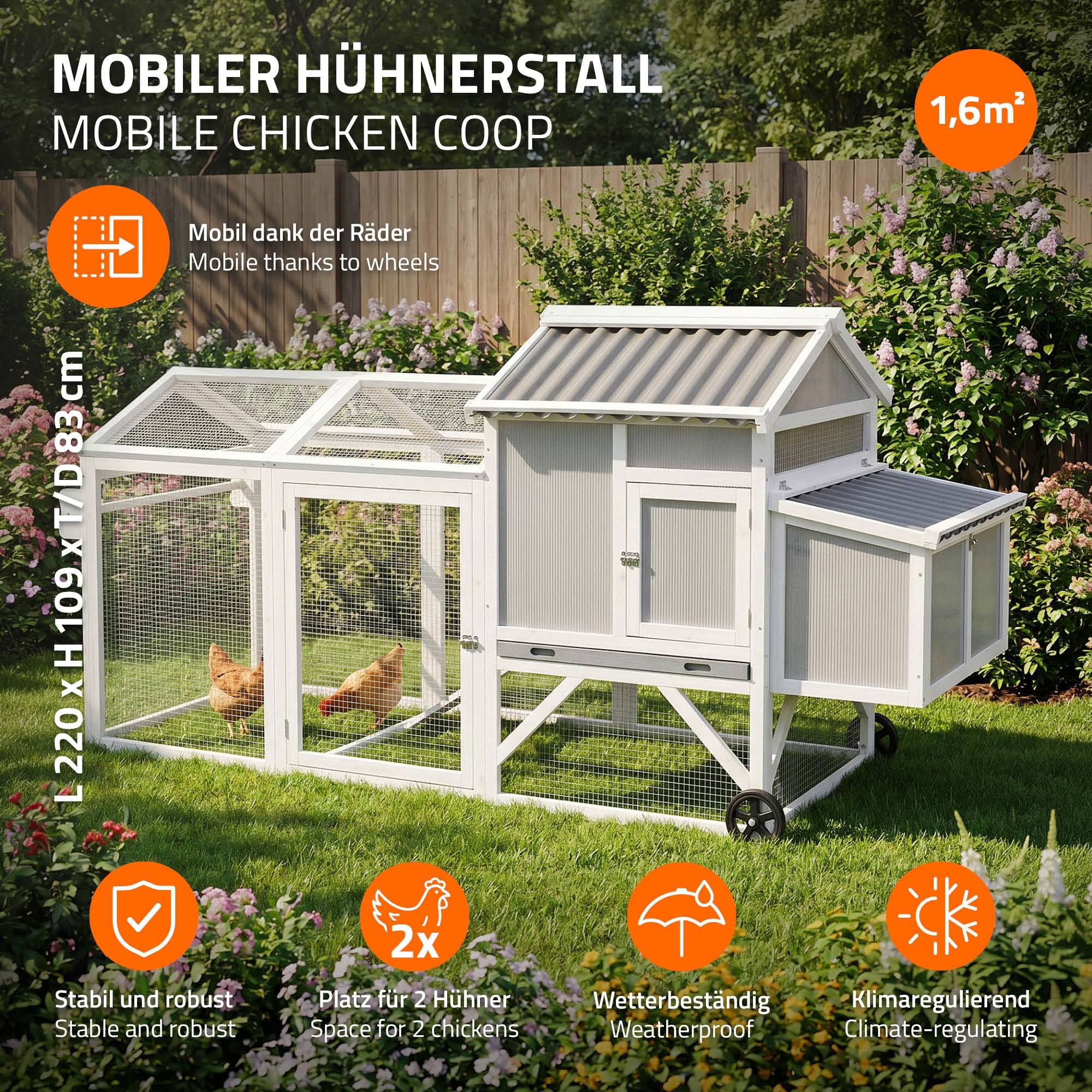 Ecd-Germany - Poulailler mobile en bois avec enclos 220 cm, cage à poules sur roues avec nichoir et tiroir à déjections amovible, toit rabattable, volière 2 animaux - Image 2