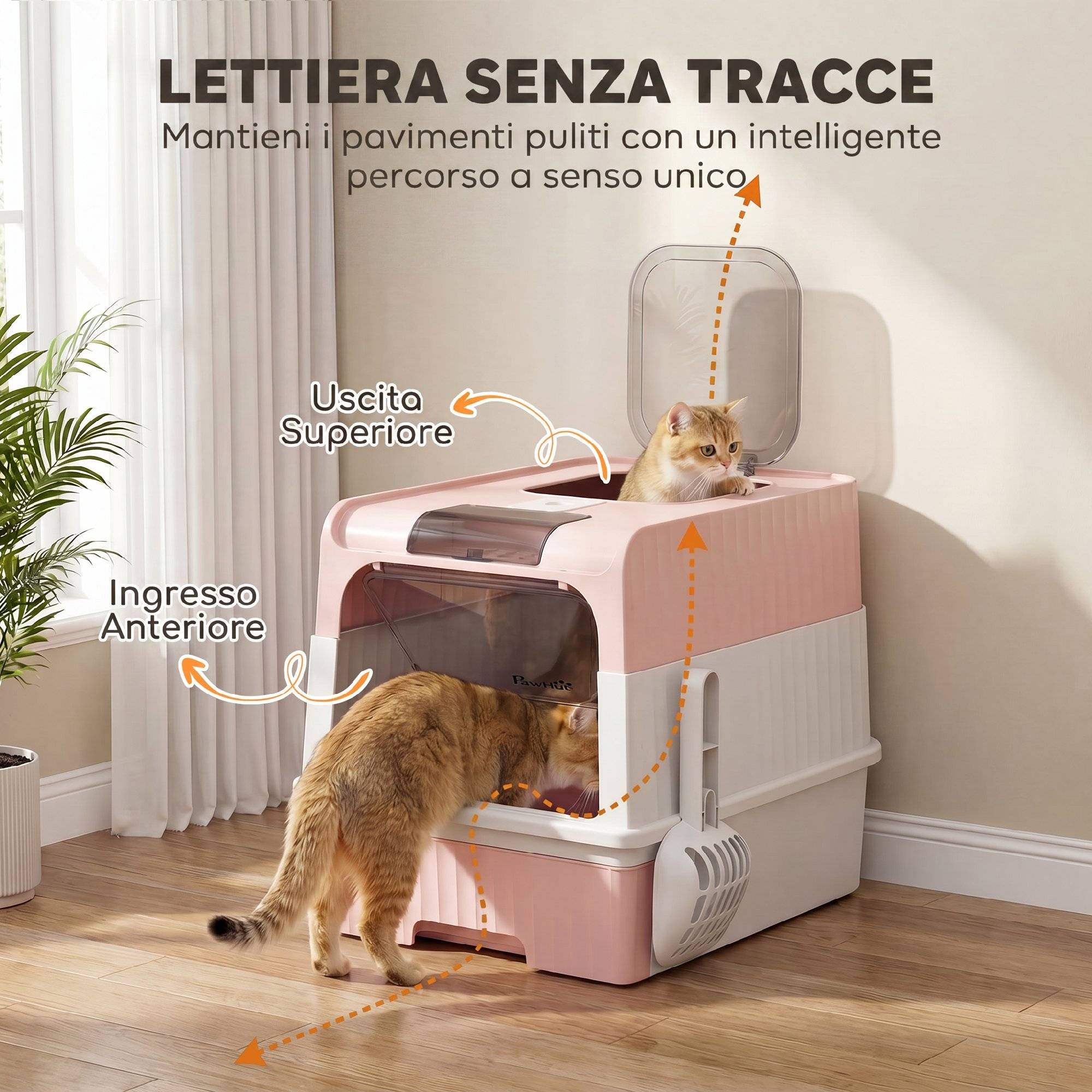 ComfortXL - Maison de toilette fermée pour chat en PP et ABS rose 48 x 35 x 36 cm avec tiroir extractible et sortie haute - Image 4