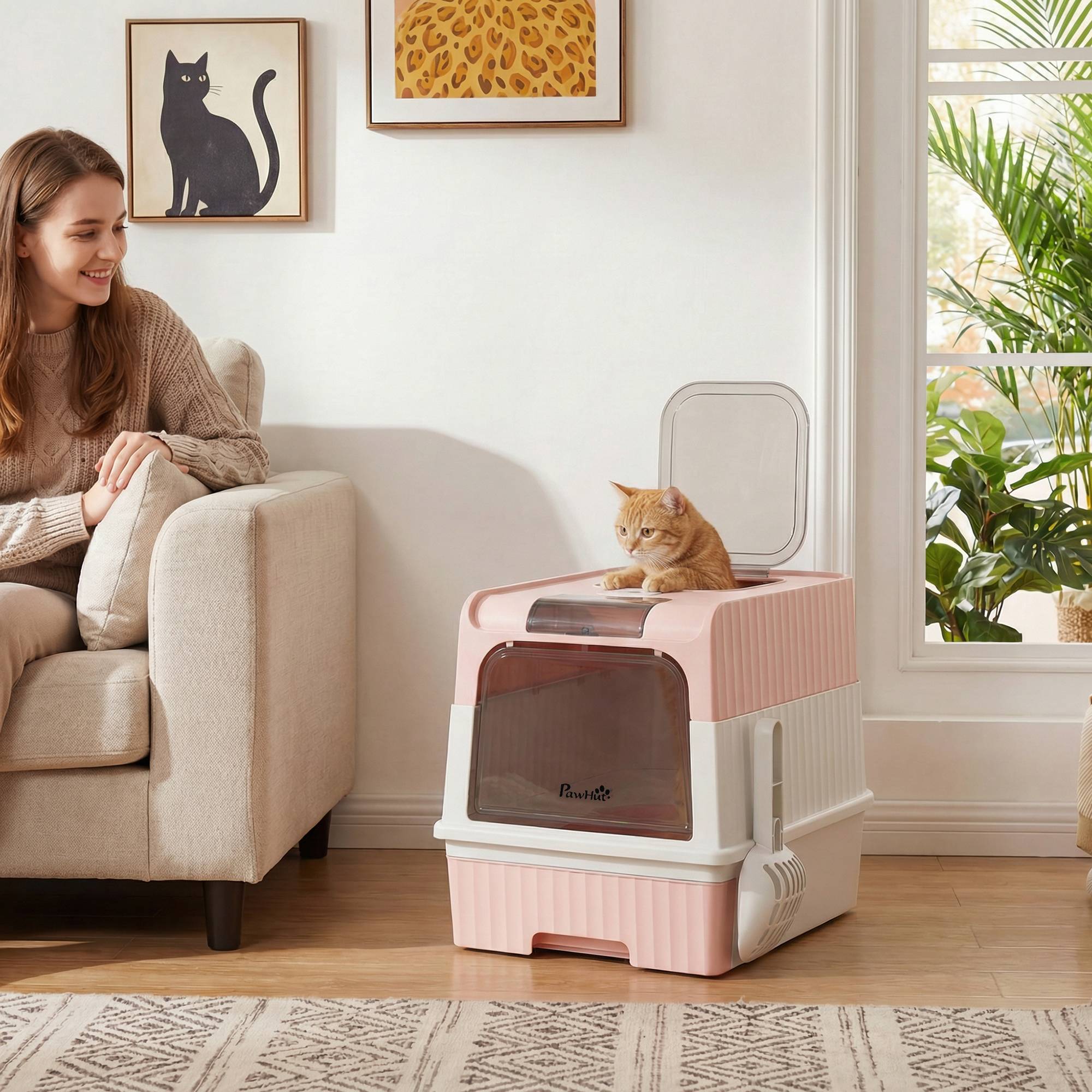 ComfortXL - Maison de toilette fermée pour chat en PP et ABS rose 48 x 35 x 36 cm avec tiroir extractible et sortie haute - Image 1