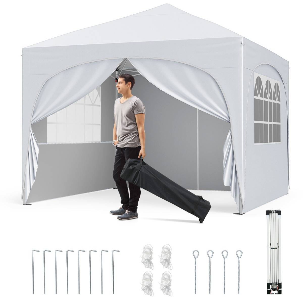 Tonnelle de Jardin 3x3M avec 4 Parois Amovibles Tente de Reception Portable Sac à Roulettes Blanc - Image 1