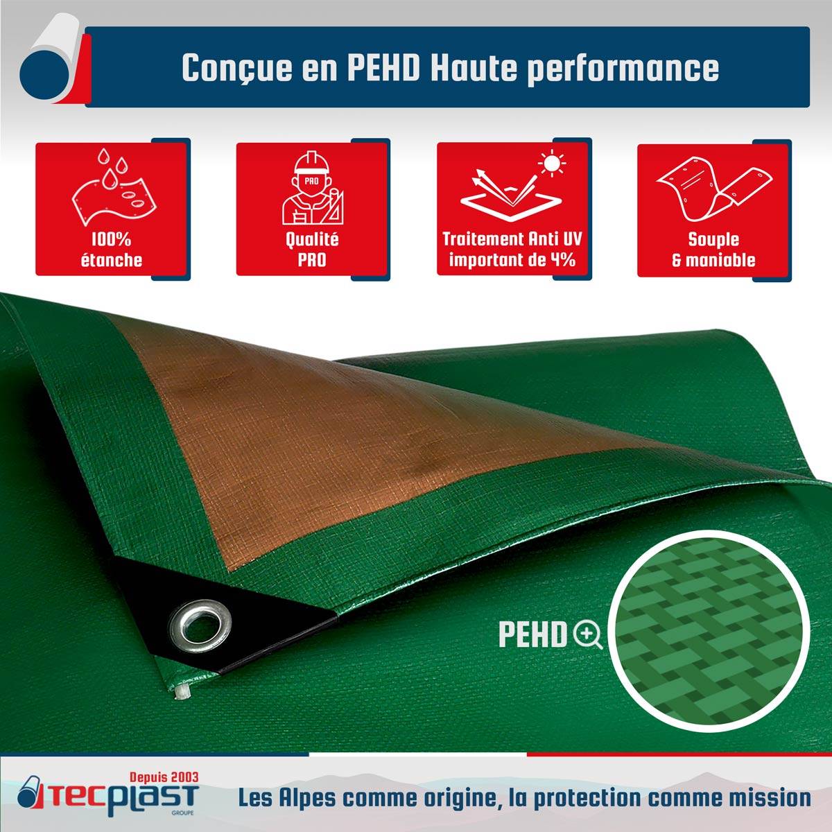 Bâche Agricole 1,5x6 m HQ250AG Verte et Marron - Haute Performance - Bâche de protection étanche pour Matériel agricole TECPLAST - Image 3