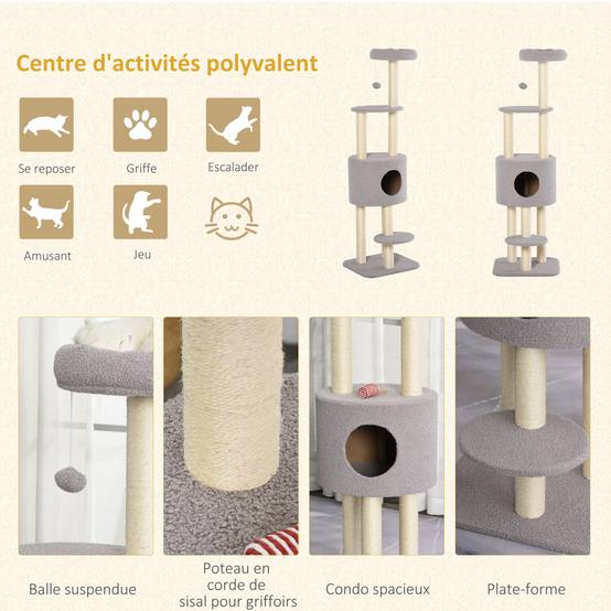Arbre à chat sisal et peluche gris 45 x 40 x 148 cm - PANGIVO - Image 6