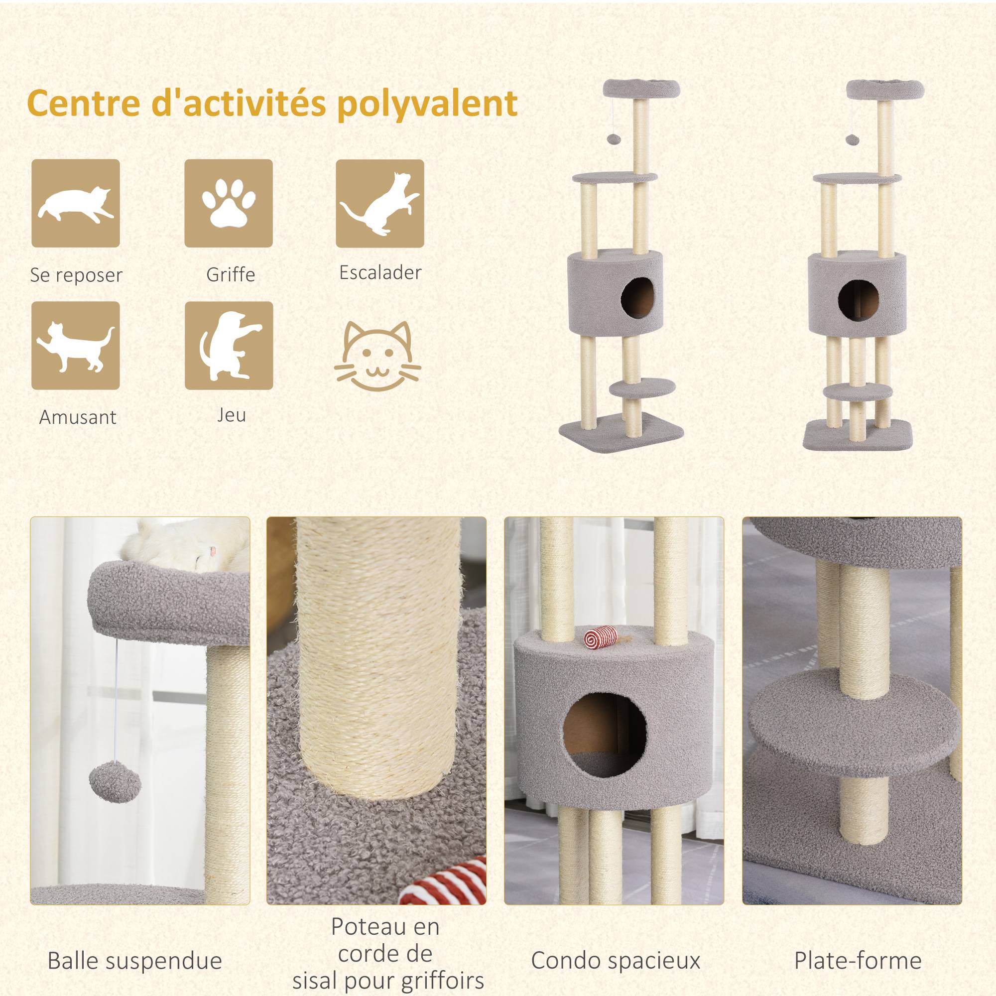 Arbre à chat sisal et peluche gris 45 x 40 x 148 cm - PANGIVO - Image 6