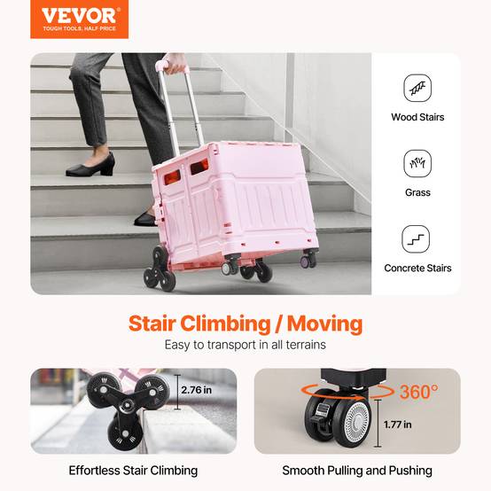 VEVOR Chariot Monte Escalier de Courses Pliable Bac 65L Poignée Réglable 8 Roues - Image 2