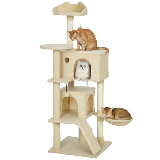 Arbre à chat Panneau Particules Pour intérieur Griffoir avec échelle et niche 140cm Beige - ComfortXL Outdoor Living - Image 1