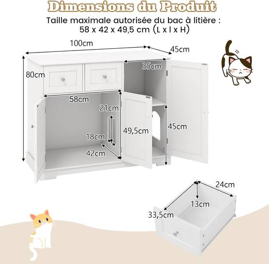 COSTWAY Meuble Litiere Chat en Bois, 3 Portes et 2 Tiroirs, Kits Anti-basculement, Entrée Latérale, Étagère Intérieure, 100 × 45 × 80 cm, Blanc - Image 3