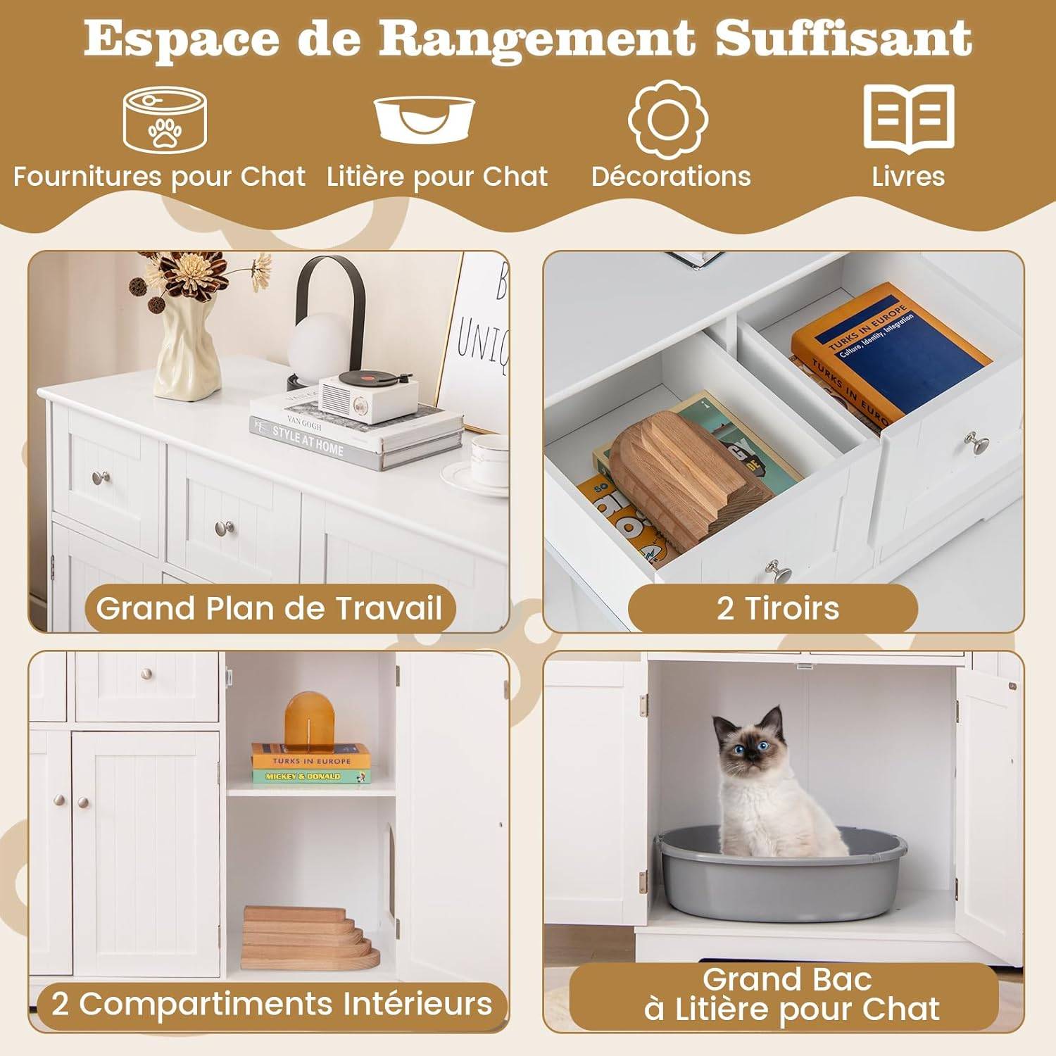 COSTWAY Meuble Litiere Chat en Bois, 3 Portes et 2 Tiroirs, Kits Anti-basculement, Entrée Latérale, Étagère Intérieure, 100 × 45 × 80 cm, Blanc - Image 6