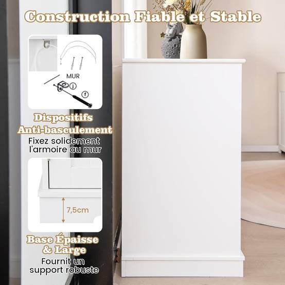 COSTWAY Meuble Litiere Chat en Bois, 3 Portes et 2 Tiroirs, Kits Anti-basculement, Entrée Latérale, Étagère Intérieure, 100 × 45 × 80 cm, Blanc - Image 7