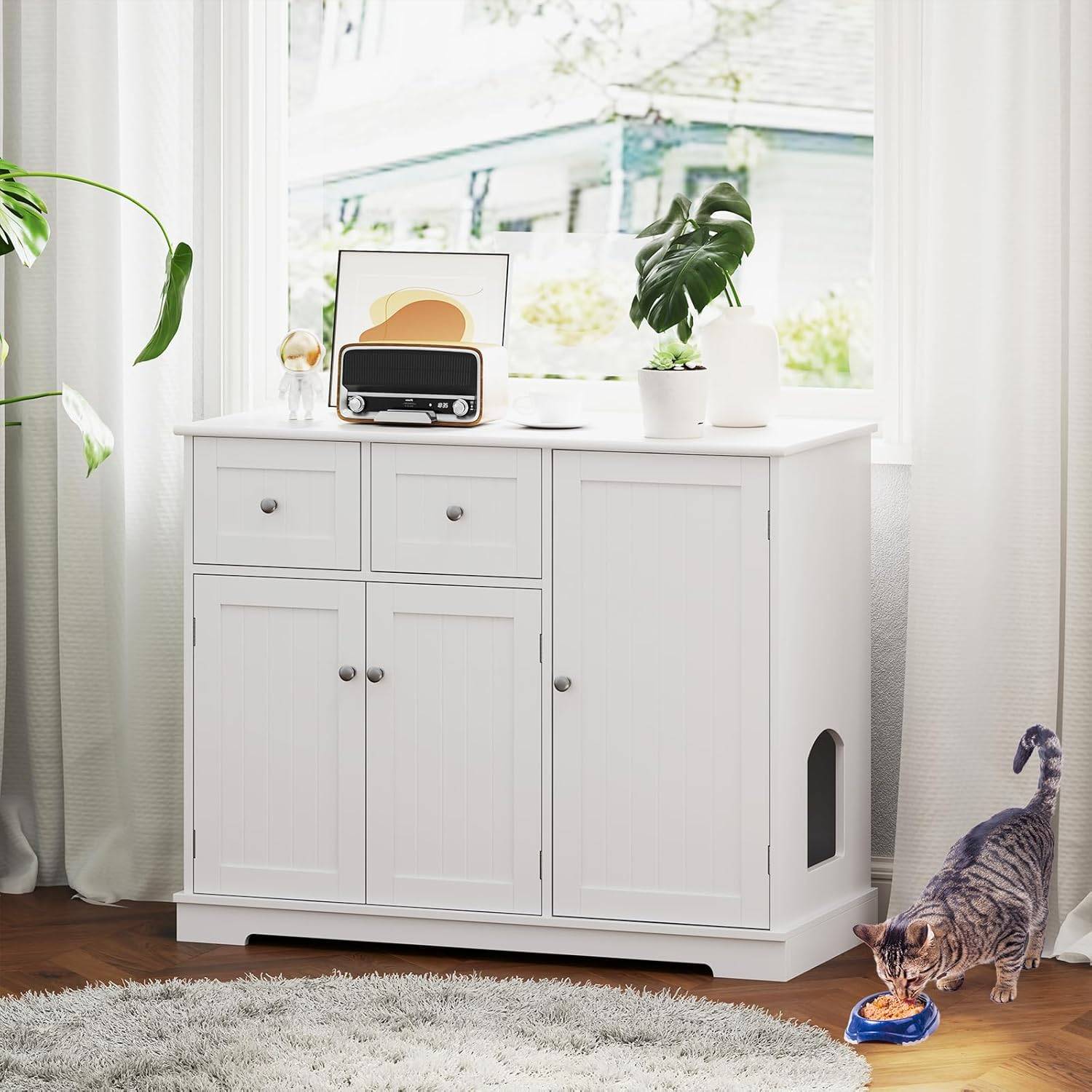 COSTWAY Meuble Litiere Chat en Bois, 3 Portes et 2 Tiroirs, Kits Anti-basculement, Entrée Latérale, Étagère Intérieure, 100 × 45 × 80 cm, Blanc - Image 9