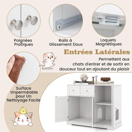 COSTWAY Meuble Litiere Chat en Bois, 3 Portes et 2 Tiroirs, Kits Anti-basculement, Entrée Latérale, Étagère Intérieure, 100 × 45 × 80 cm, Blanc - Image 8
