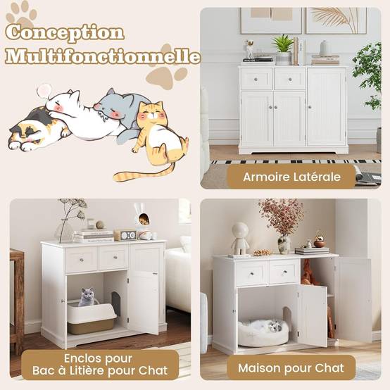 COSTWAY Meuble Litiere Chat en Bois, 3 Portes et 2 Tiroirs, Kits Anti-basculement, Entrée Latérale, Étagère Intérieure, 100 × 45 × 80 cm, Blanc - Image 4