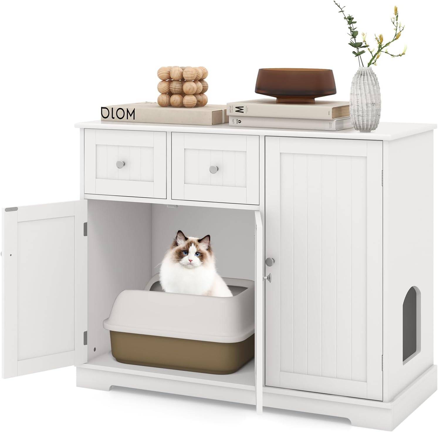 COSTWAY Meuble Litiere Chat en Bois, 3 Portes et 2 Tiroirs, Kits Anti-basculement, Entrée Latérale, Étagère Intérieure, 100 × 45 × 80 cm, Blanc - Image 1