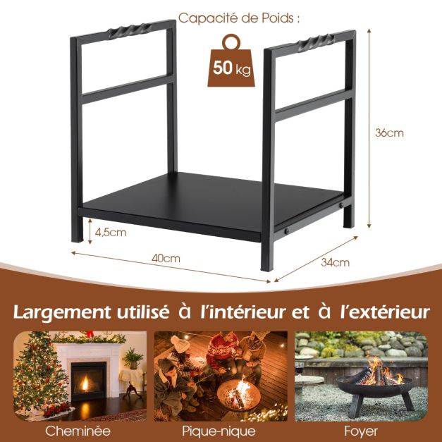 Helloshop26 - Porte bûches à bois de chauffage en fer forgé poignée pratique pieds surélevés charge max 50kg pour cheminée brasero noir - Imagen 3