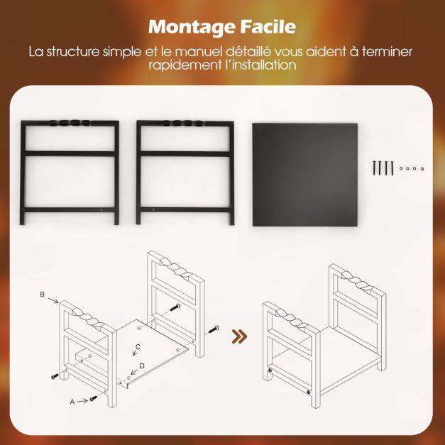 Helloshop26 - Porte bûches à bois de chauffage en fer forgé poignée pratique pieds surélevés charge max 50kg pour cheminée brasero noir - Imagen 2