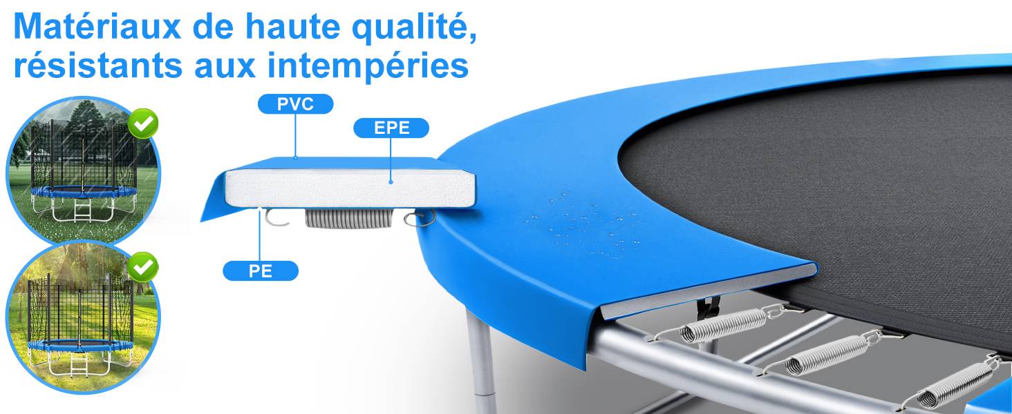 0 - Trampoline de Jardin Enfants et Adultes Jeux d'Extérieur  244 cm Noir et Bleu Avec Filet de sécurité Couverture de protection - Image 8