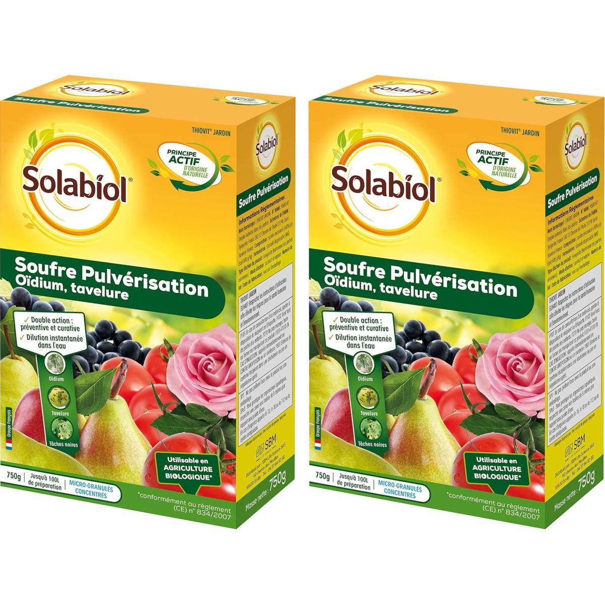 Solabiol - Lot de 2 boîtes de Souffre Pulvérisation SOLABIOL 750g - Protection efficace contre l'oïdium et les maladies des plantes - Image 1