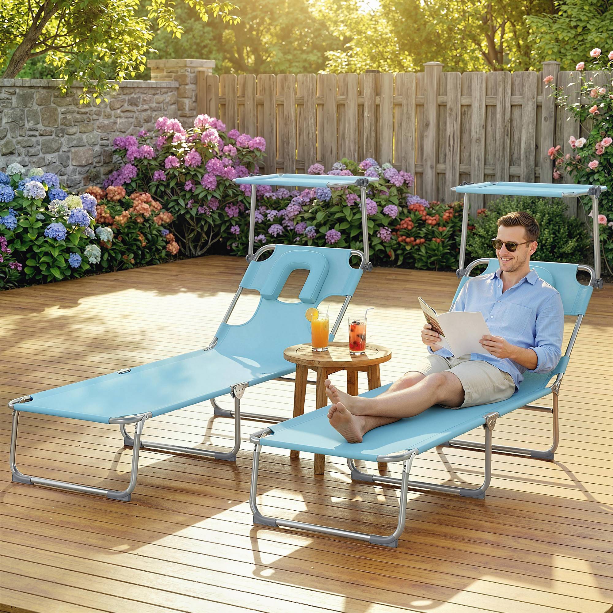 Ensemble de 2 chaises longues pliantes et inclinables avec auvent à 360°, ouverture pour le visage, poche latérale et tissu Textilène 550 g/m², bleu - Image 4