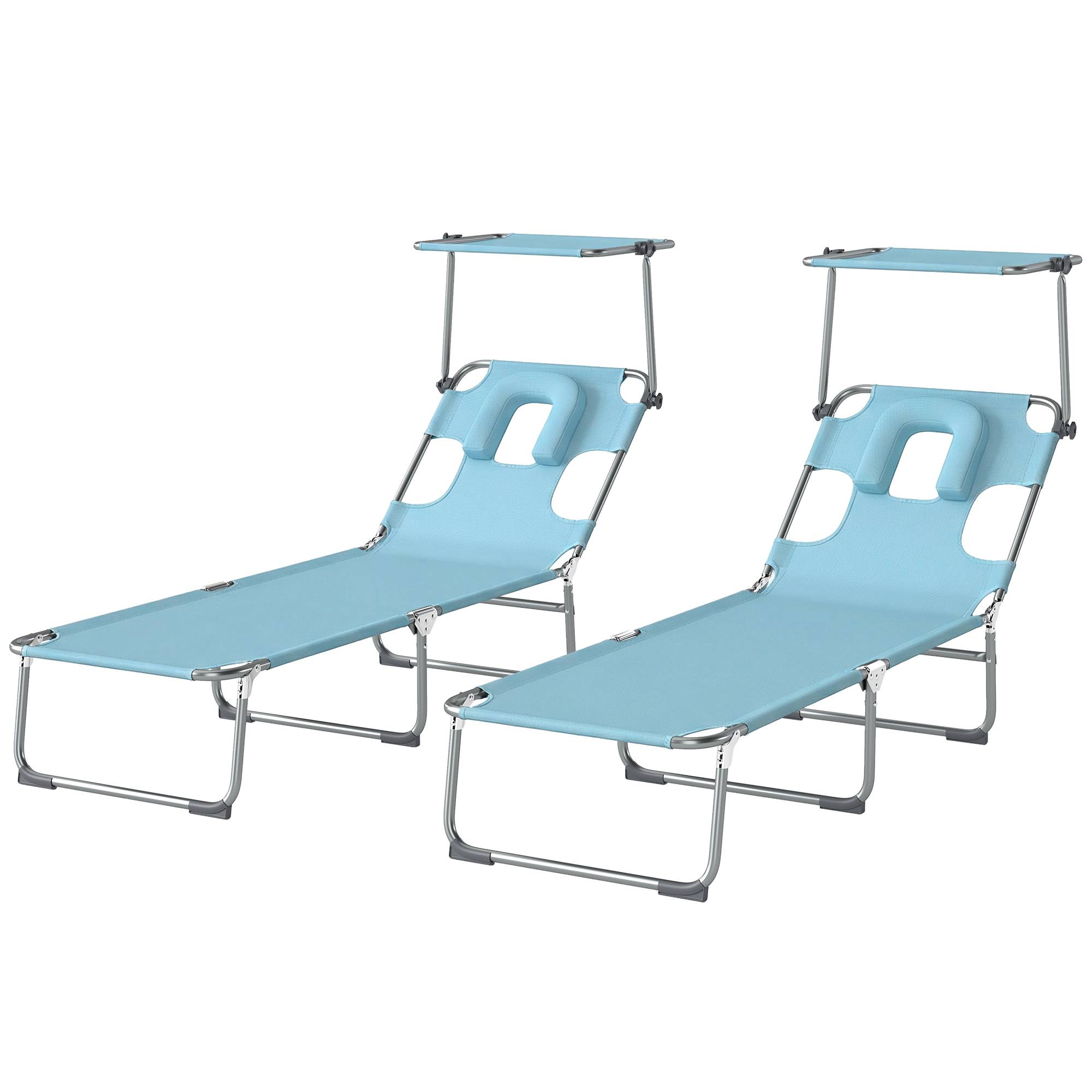 Ensemble de 2 chaises longues pliantes et inclinables avec auvent à 360°, ouverture pour le visage, poche latérale et tissu Textilène 550 g/m², bleu - Image 2