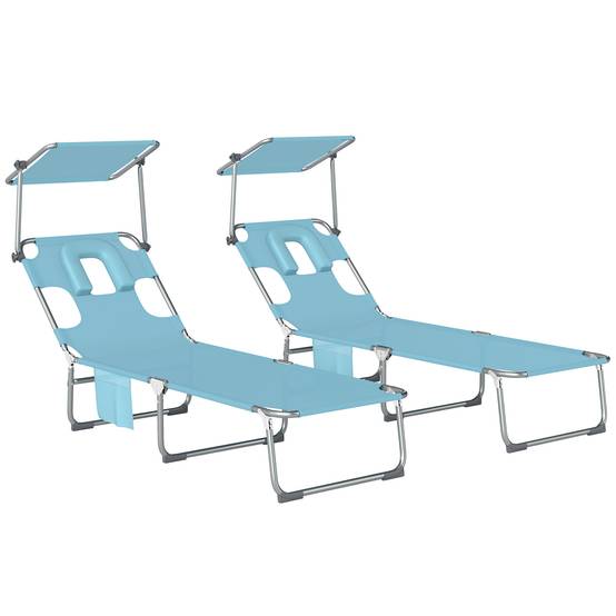 Ensemble de 2 chaises longues pliantes et inclinables avec auvent à 360°, ouverture pour le visage, poche latérale et tissu Textilène 550 g/m², bleu - Image 1