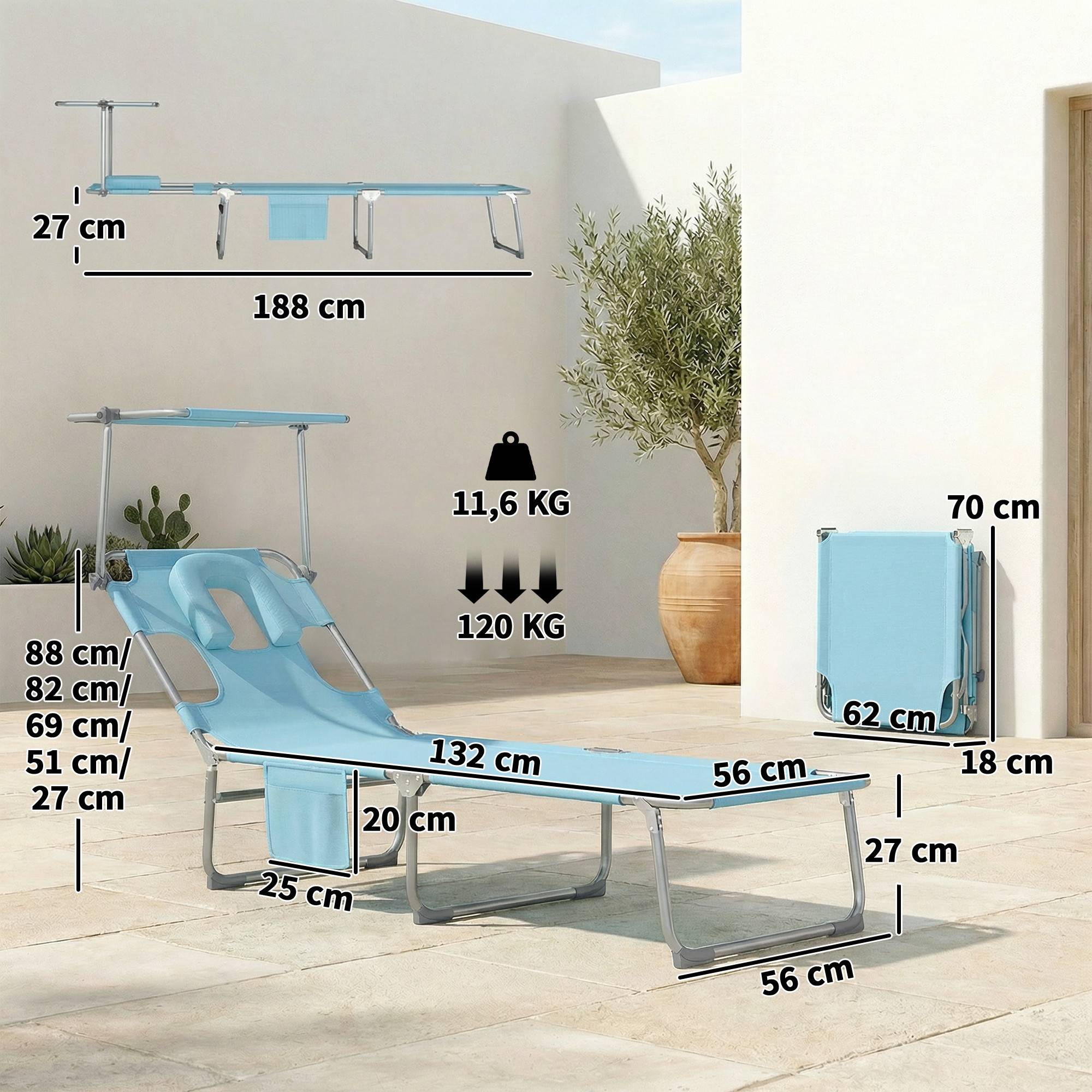 Ensemble de 2 chaises longues pliantes et inclinables avec auvent à 360°, ouverture pour le visage, poche latérale et tissu Textilène 550 g/m², bleu - Image 5