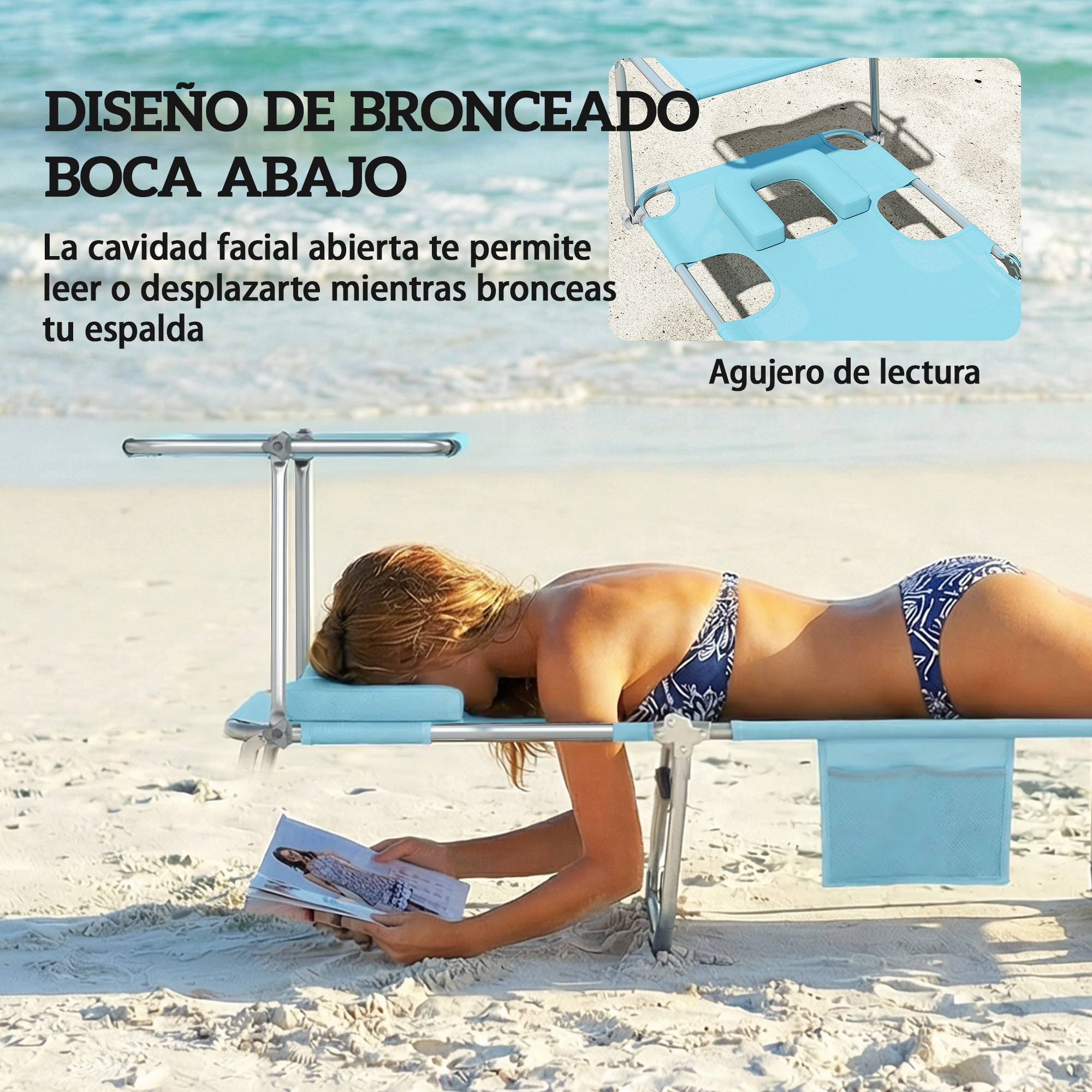 Ensemble de 2 chaises longues pliantes et inclinables avec auvent à 360°, ouverture pour le visage, poche latérale et tissu Textilène 550 g/m², bleu - Image 7