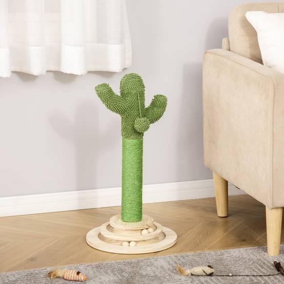 Arbre à chat griffoir forme de cactus en sisal naturel pompon suspendu et plateforme de jeu boules Ø 32 x 60 cm vert - Image 4