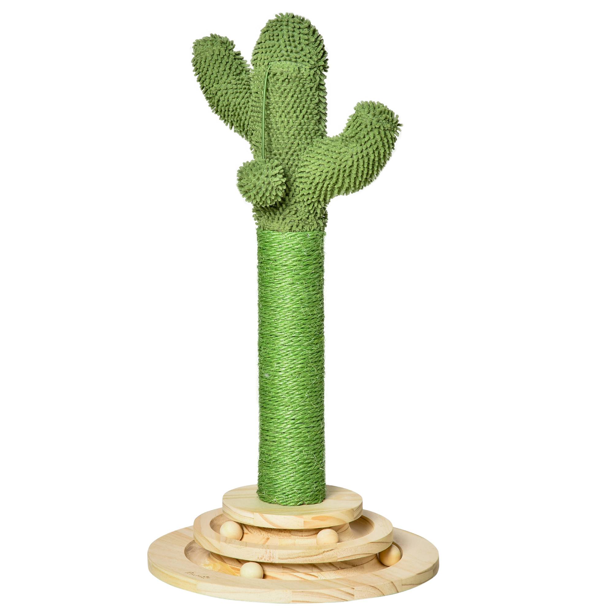 Arbre à chat griffoir forme de cactus en sisal naturel pompon suspendu et plateforme de jeu boules Ø 32 x 60 cm vert - Image 2