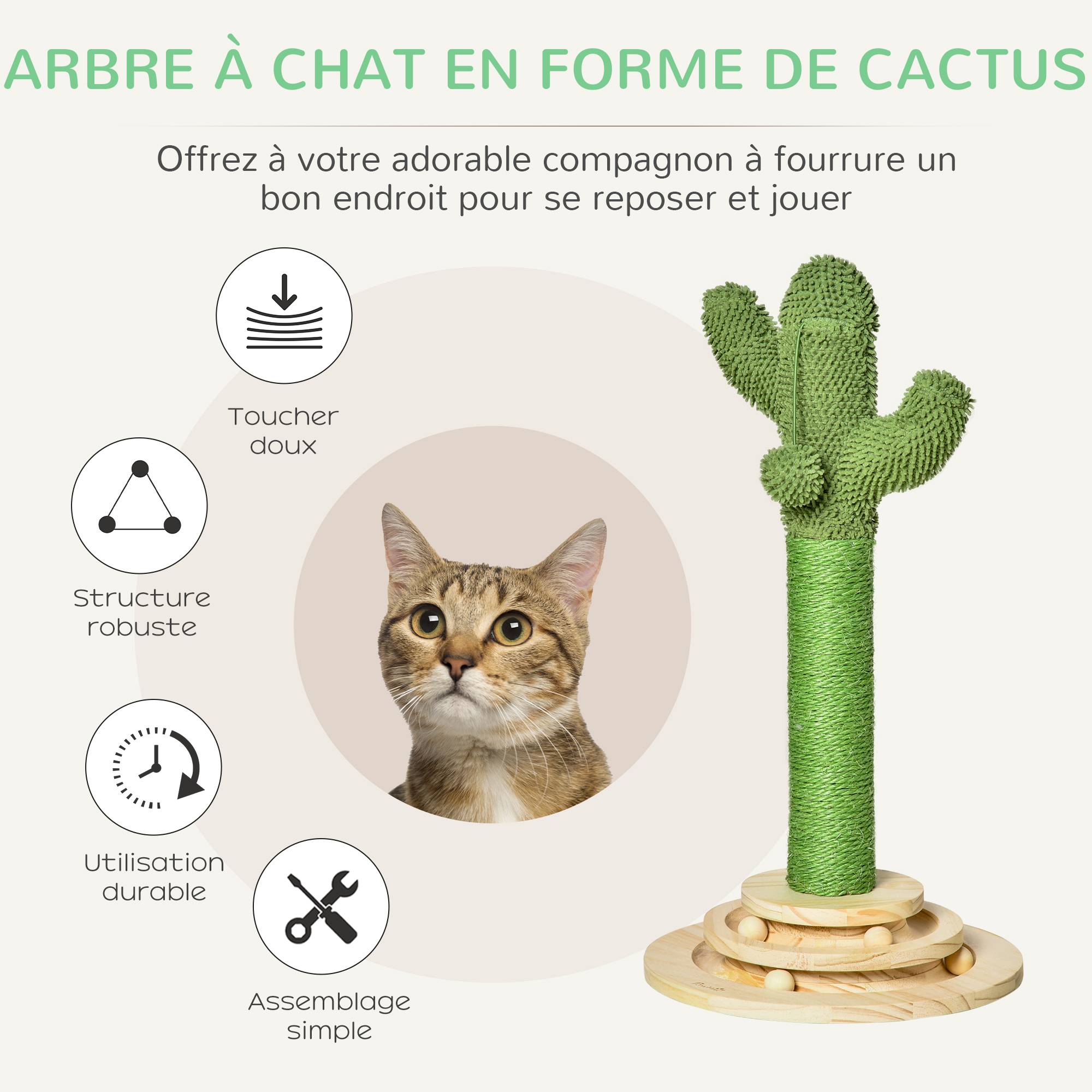 Arbre à chat griffoir forme de cactus en sisal naturel pompon suspendu et plateforme de jeu boules Ø 32 x 60 cm vert - Image 6